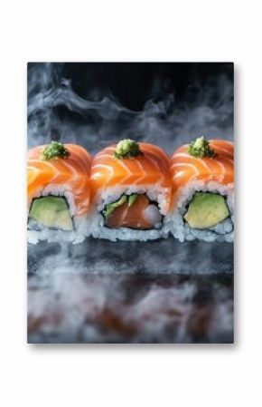 Three Salmon Avocado Sushi Rolls Garnished with Green Topping on Dark Surface with Smoke