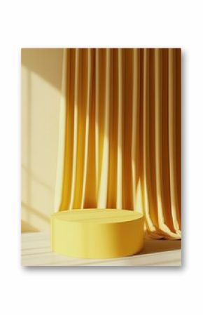 Minimalist Yellow Product Display Podium with Curtain and Sunlight, Simple and Clean Design, Copy Space