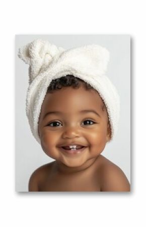 Happy Cute Baby with Towel on Head Smiling Showing Teeth Isolated on White Background