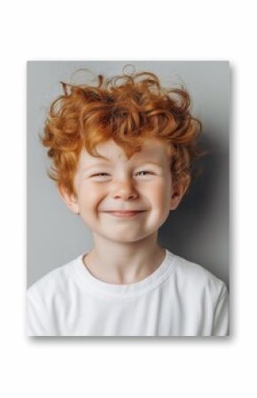 Close up portrait of a smiling red haired boy with freckles against gray background