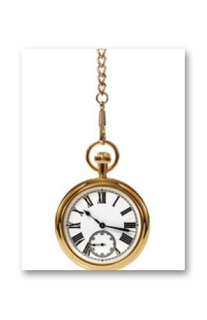 Gold pocket watch and chain, isolated on a white background.