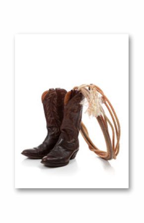 Brown leather cowboy boots on white