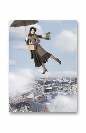 Mary Poppins flies over the city