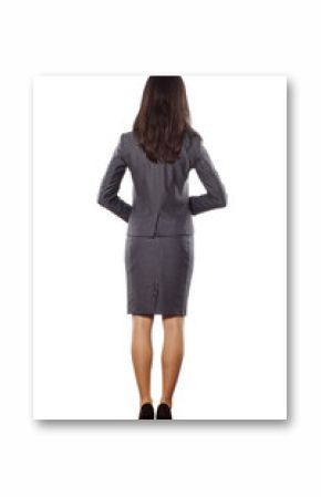 back view of spretty young businesswoman posing on white