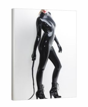 standing woman wearing latex clothes with a whip