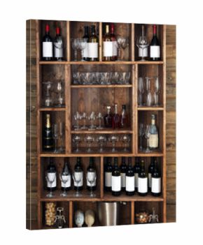 Shelving with wine bottles with glasses on wooden wall background
