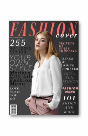 Attractive young woman on fashion magazine cover.  Fashionable lifestyle concept.