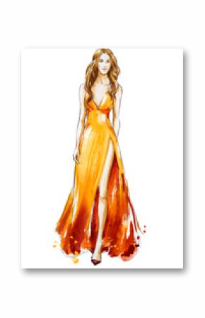 Fashion sketch. Watercolor dress. Catwalk