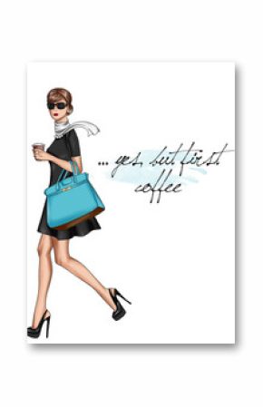 iLLUSTRATION OF A GIRL WALKING WITH A CUP OF COFFEE    