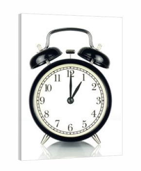 Alarm Clock isolated on white, in black and white, one o'clock.
