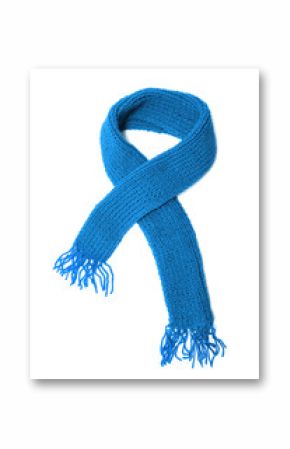 Blue knitted scarf on a white background.