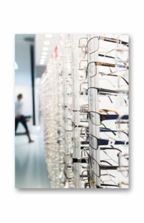 Row of eyeglass at an opticians store