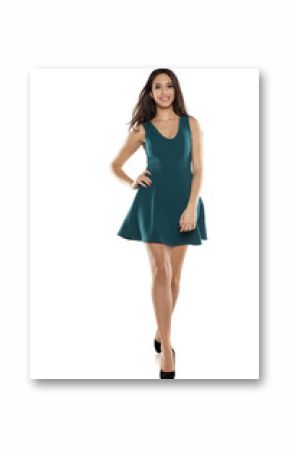 a young woman in a short turquoise dress walking on white background