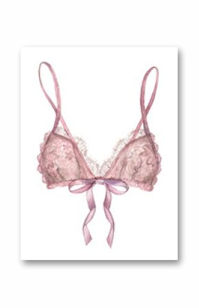 Watercolor illustration of women's underwear. Hand-drawn  pink lace bra with ribbon