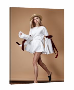 Beautiful sexy woman blond wear fashion clothes straw hat short dress accessory pretty face makeup glamour model pose catalog collection designer style luxury lifestyle casual party summer carpet.