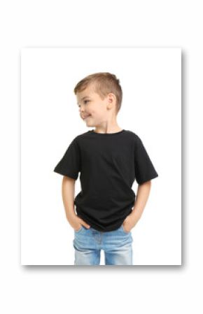 Little boy in t-shirt on white background. Mockup for design