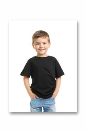 Little boy in t-shirt on white background. Mockup for design