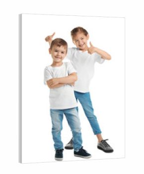 Little kids in t-shirts on white background. Mockup for design
