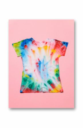 T-shirt painted in tie dye style on a pink background. Flat lay. Pastel color.