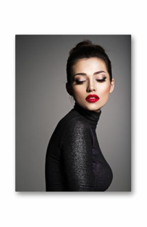 Beautiful young fashion woman with red lipstick.