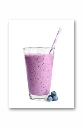 Tasty blueberry smoothie in glass on white background