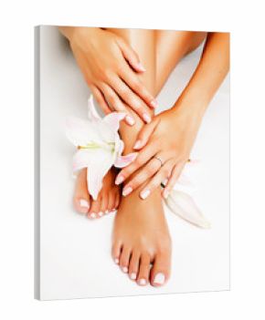 manicure pedicure with flower lily close up isolated on white pe