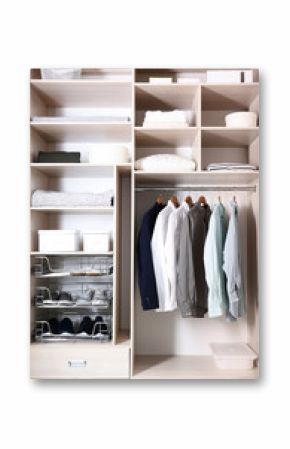 Stylish clothes, shoes and home stuff in large wardrobe closet