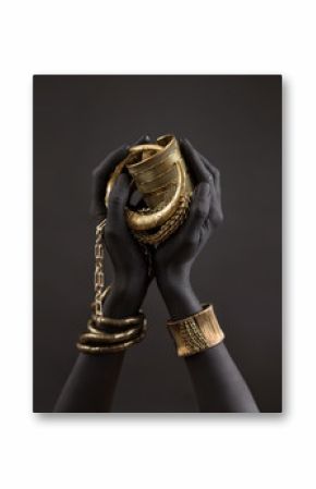 Black woman's hands with gold jewelry. Oriental Bracelets on a black painted hand. Gold Jewelry