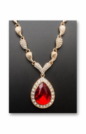 golden pendant with ruby and diamonds isolated on black macro