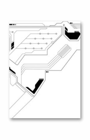 High-tech circuit board element is appearing in transparent overlay, with angular lines and nodes