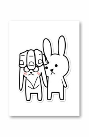 Flat design rabbit duo are standing on transparent backdrop showing hand pulling ear with glasses