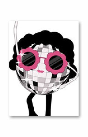 Mirrored disco ball character is shining with pink sunglasses and heels on transparent background