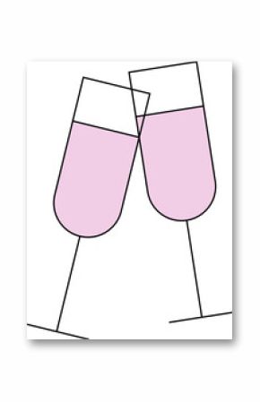 Two pastel pink stemmed glasses are clinking in flat vector illustration, on transparent background