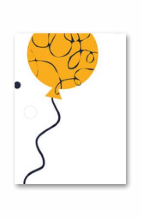 Flat design orange balloon with swirl lines, string, circles is floating on transparent background