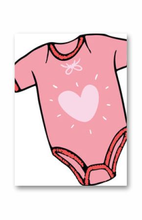Pink infant onesie is displaying ruffle trim, heart motif in flat design on transparent background