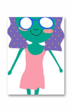 Flat design figure is standing on transparent background with green skin, blue glasses, purple hair