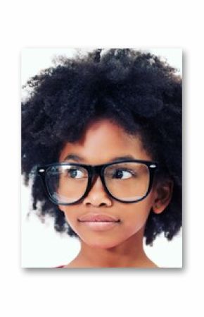 Close up of thoughtful girl with frizzy hair wearing big glasses