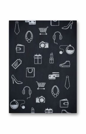 Chalkboard-style background is showing repeating white chalk shopping and fashion icons on surface