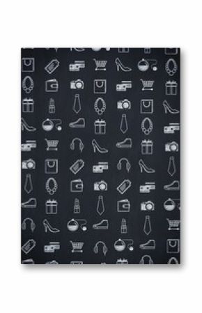 Retail icons are repeating on chalkboard-style background featuring carts, shoes, tags, bags