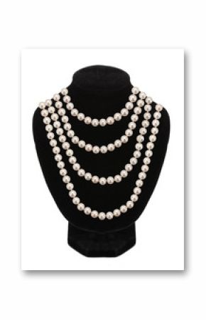 Pearl necklace on black mannequin isolated on white background