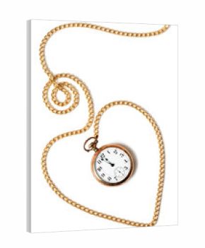 Heart chain with old pocket watch isolated on white background