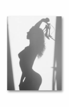 Beautiful naked woman silhouette, with sandals in hands