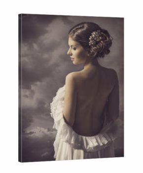 Woman sensual retro portrait, elegant  girl naked back