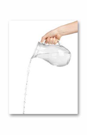 Pouring water from glass pitcher, isolated on white