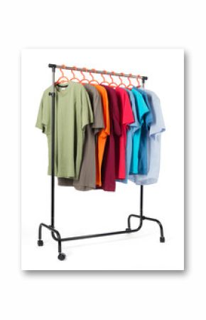 Mobile rack with clothes on white background.