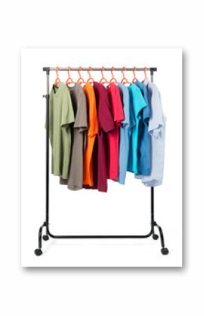 Mobile rack with clothes on white background.