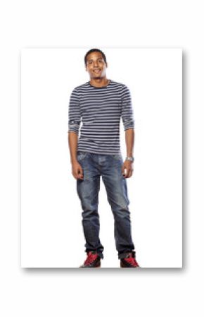smiling dark-skinned young man in jeans and a blouse