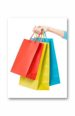 Woman hand holding shopping bags on white, clipping path