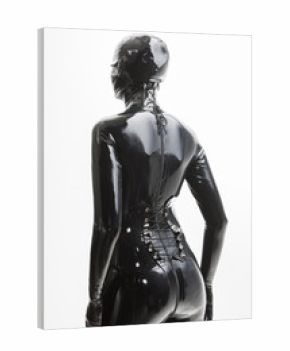 portrait of standing woman wearing latex clothes
