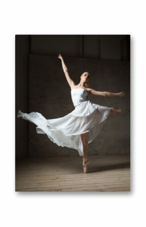 Beautiful ballet dancer in white costume with waving skirt dancing